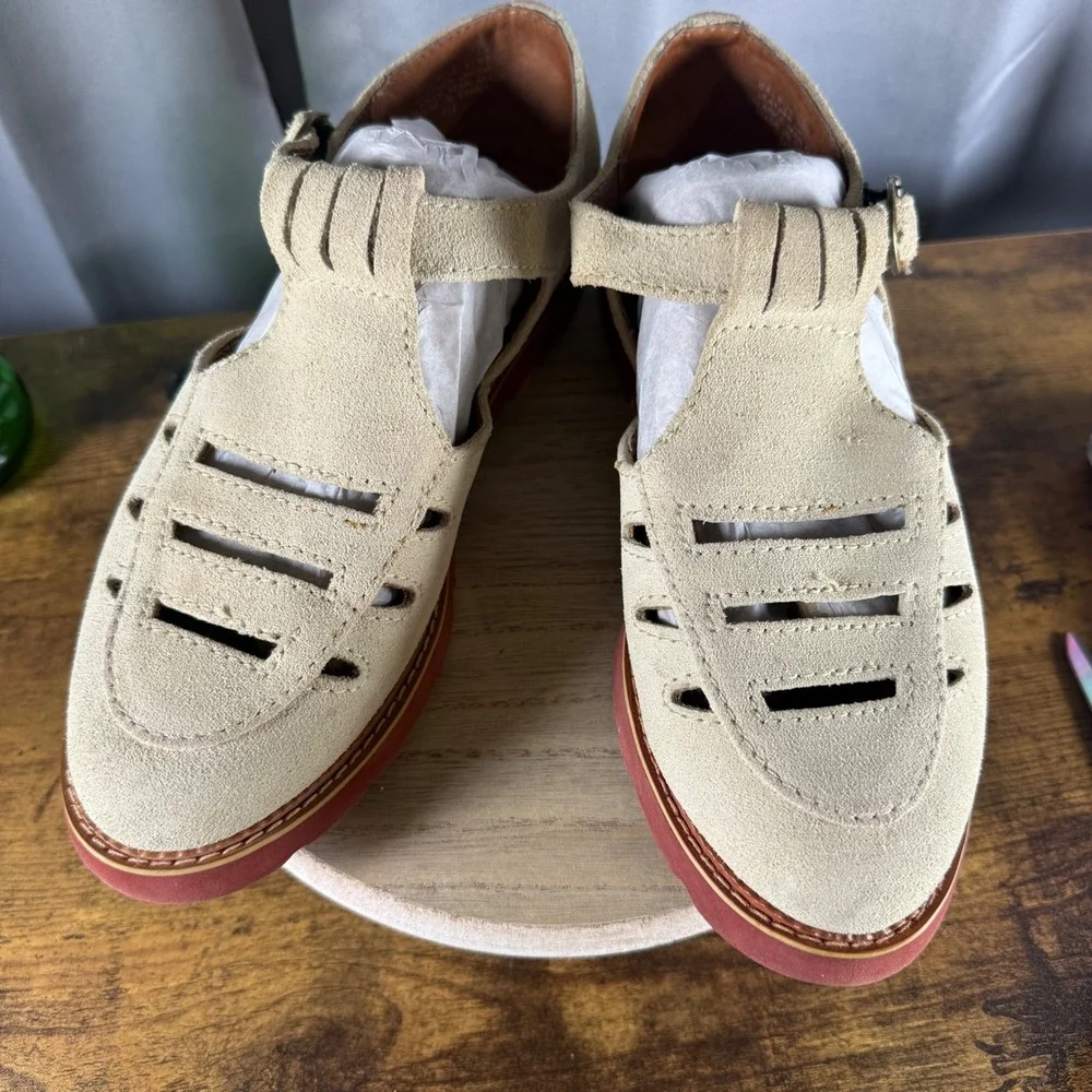 Esprit Balboa T-Strap Fisherman Style Oxfords 10 Tan Suede Red Sole Vtg 90s RAE